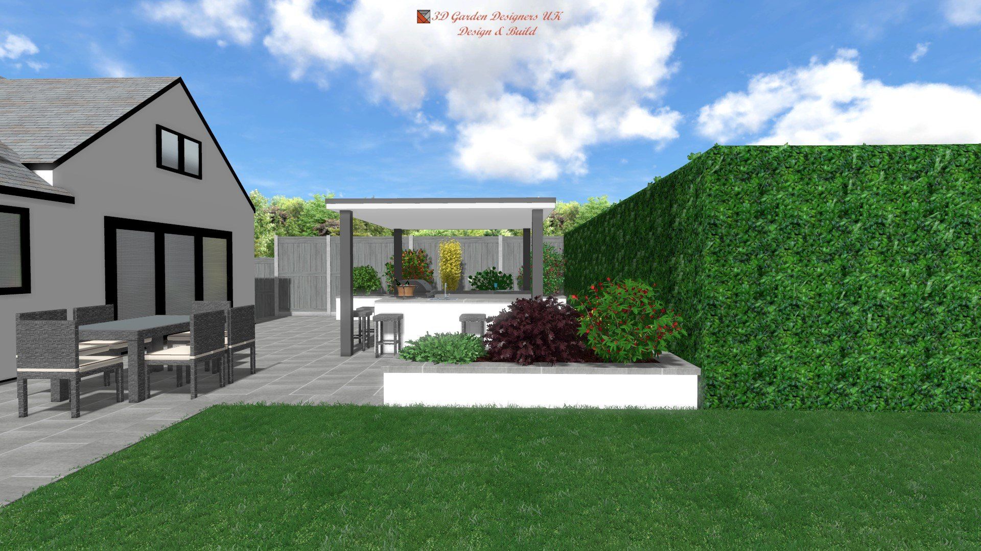 Backyard design rendering: patio with dining table, raised beds, covered seating, green lawn, house with black trim.