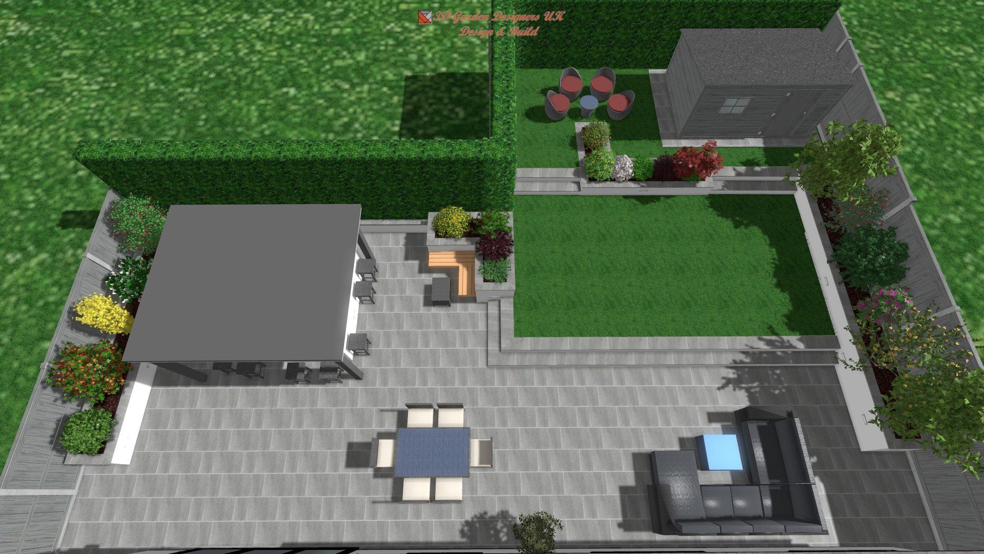 Top-down view of a garden design. Features patio, lawn, raised beds, shed, dining and lounge areas, and surrounding hedges.