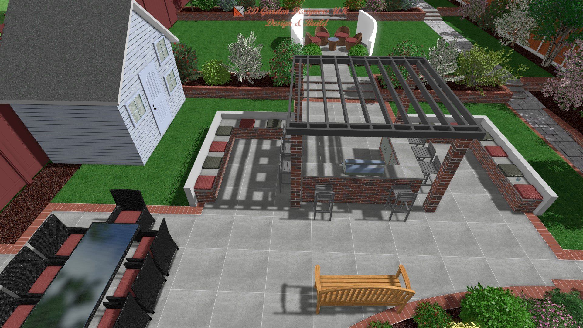 Overhead view of a backyard patio with dining set, brick structure with grill, and landscaped yard.