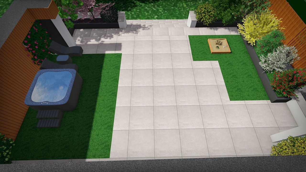 A modern patio with a hot tub, tiled flooring, artificial grass, and various plants.