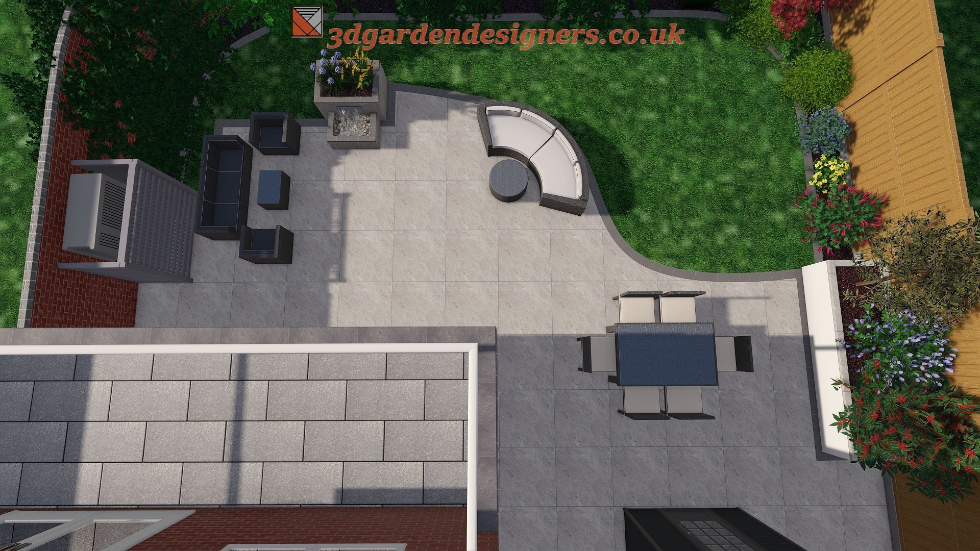 Overhead view of a modern garden design with patio, seating areas, lawn, and flower beds.