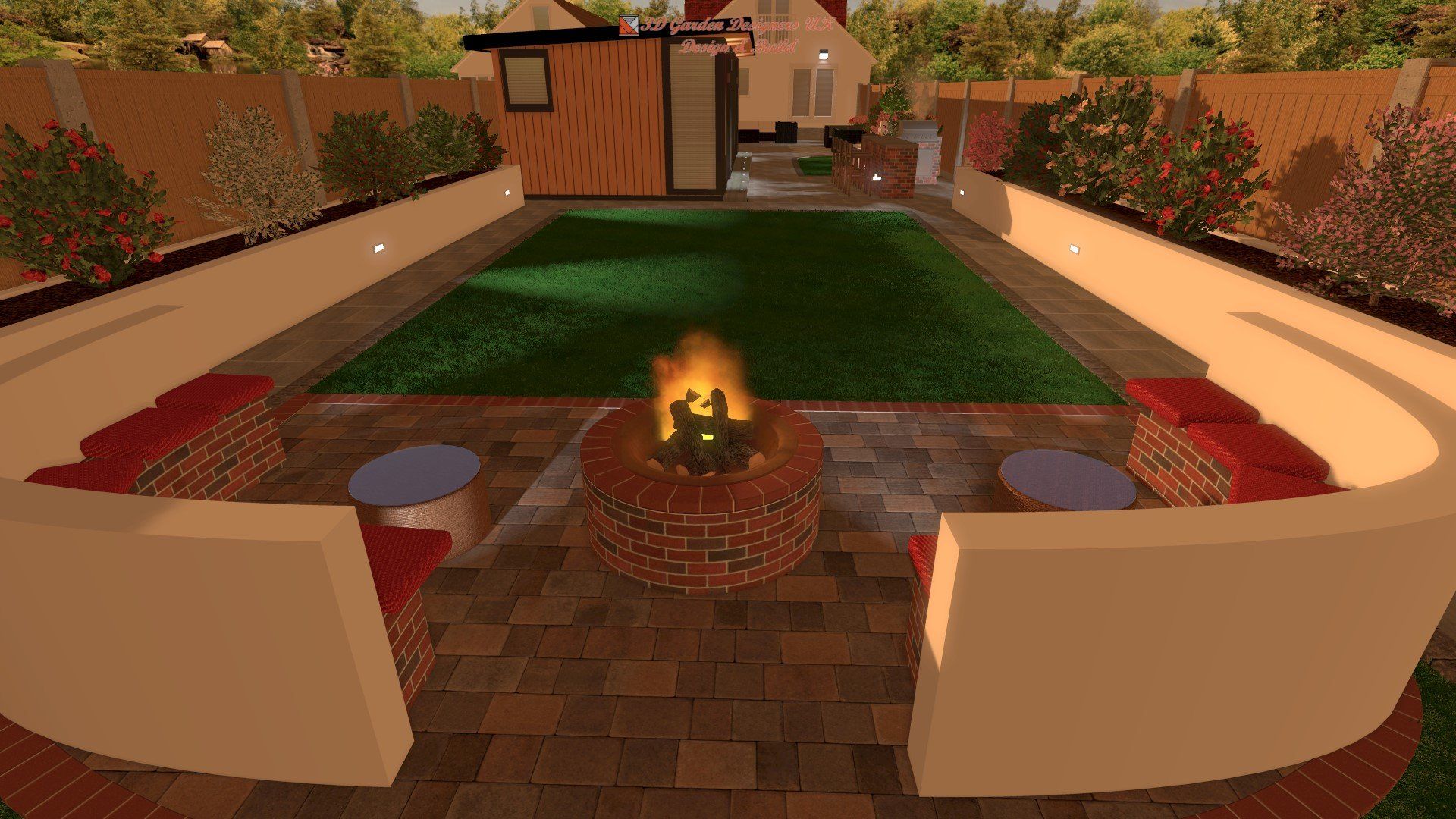 Backyard with fire pit, seating, and a grass area, surrounded by a fence.
