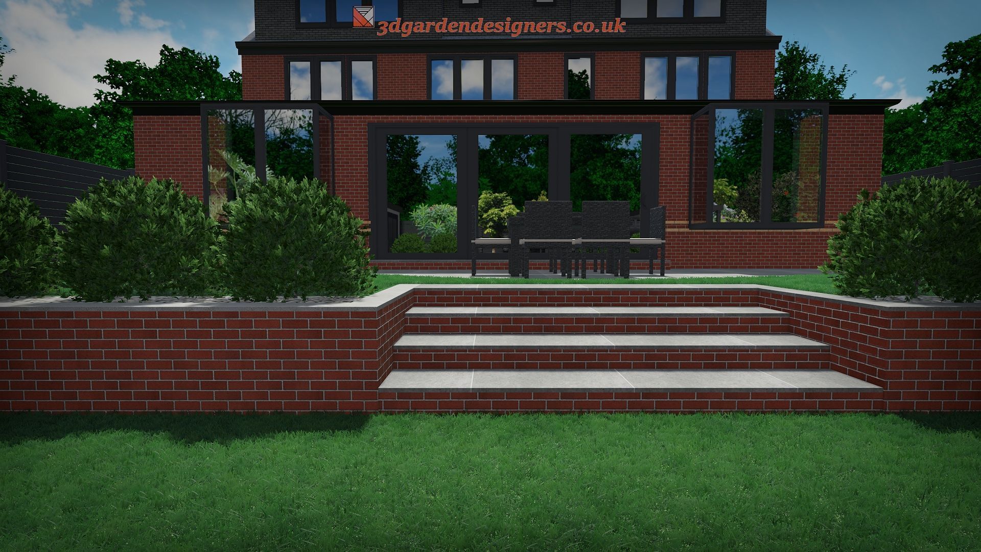 Brick house with garden patio and steps, grass lawn, and shrubbery.