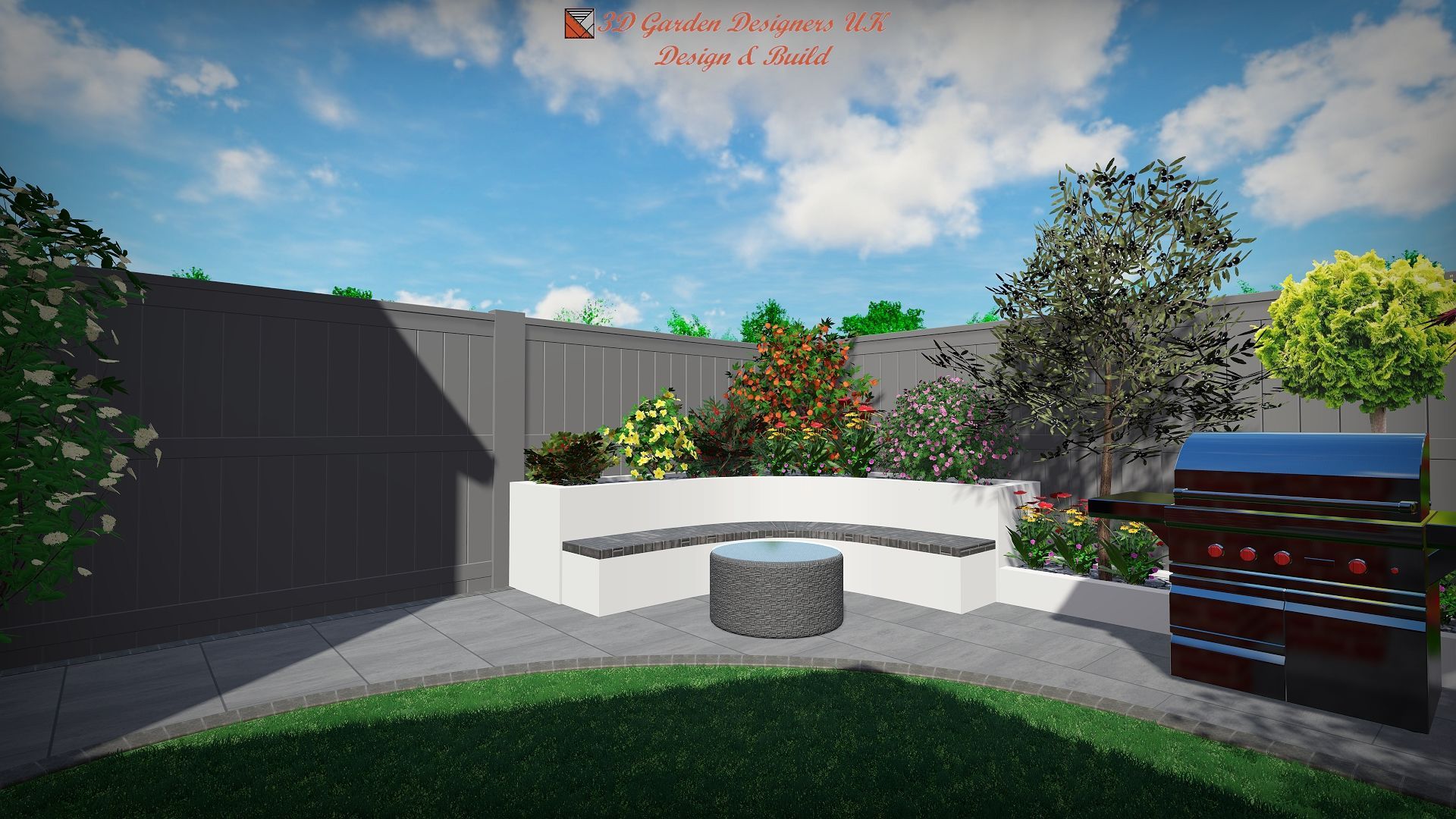 A modern backyard with a built-in seating area around a fire pit, a grill, and a green lawn under a blue sky.