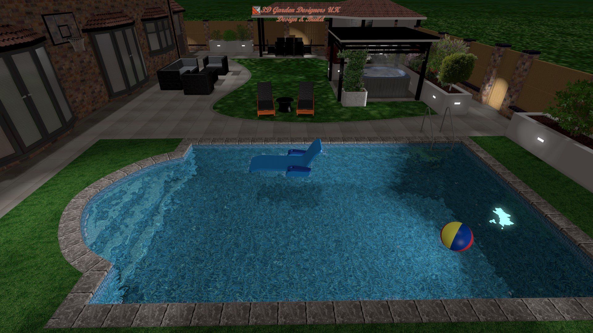 Backyard pool with a lawn, seating areas, and a hot tub. A ball and chair float in the pool.