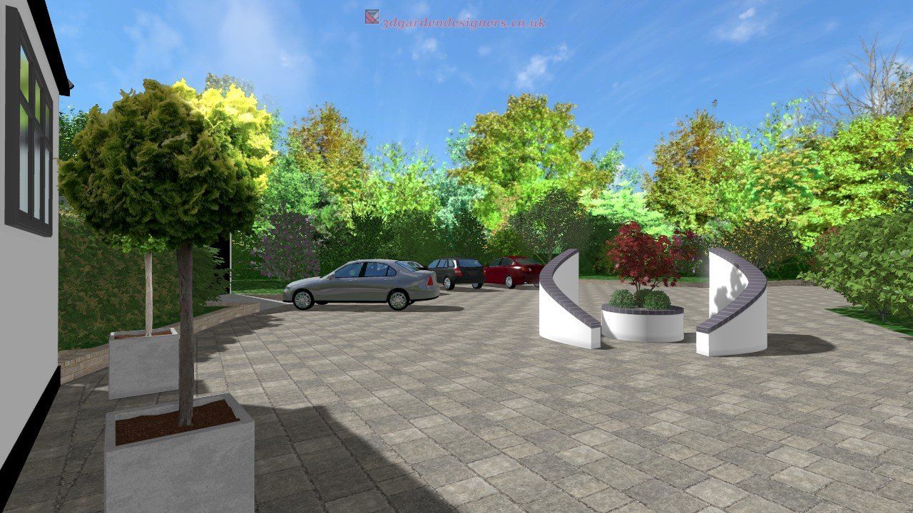 A sunny courtyard with cars parked. Trees, shrubs, and a white, curved structure are present.