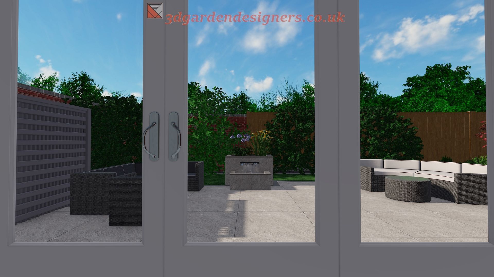 Patio view through glass doors. Outdoor seating, flower pots, and greenery on a sunny day.