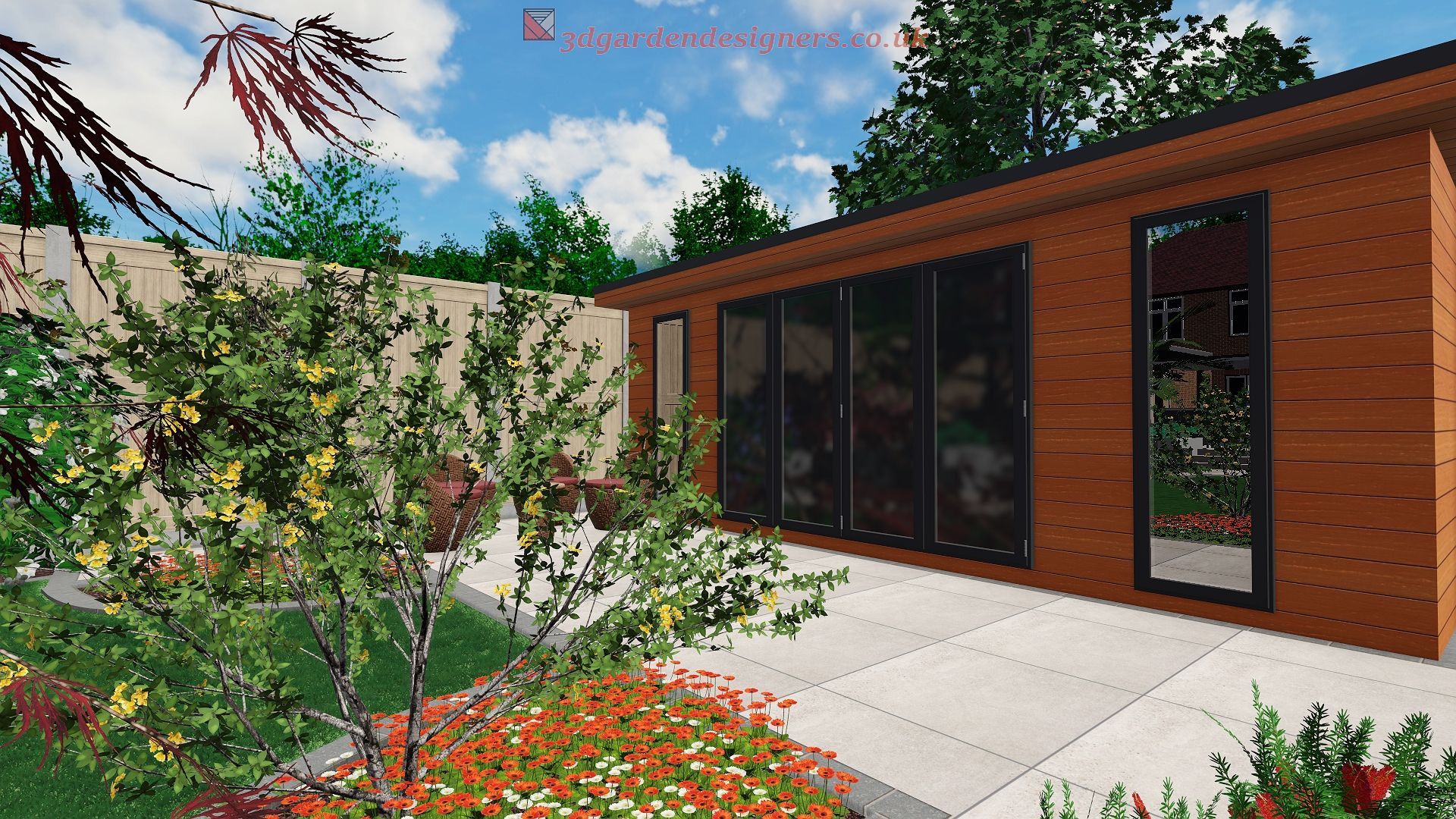 A modern brown building with black-framed windows and a patio in a landscaped yard.