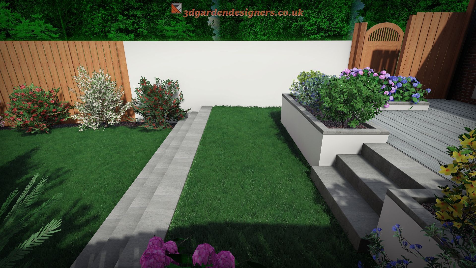A modern backyard with green grass, stone path, and flower beds against a white and wooden fence.
