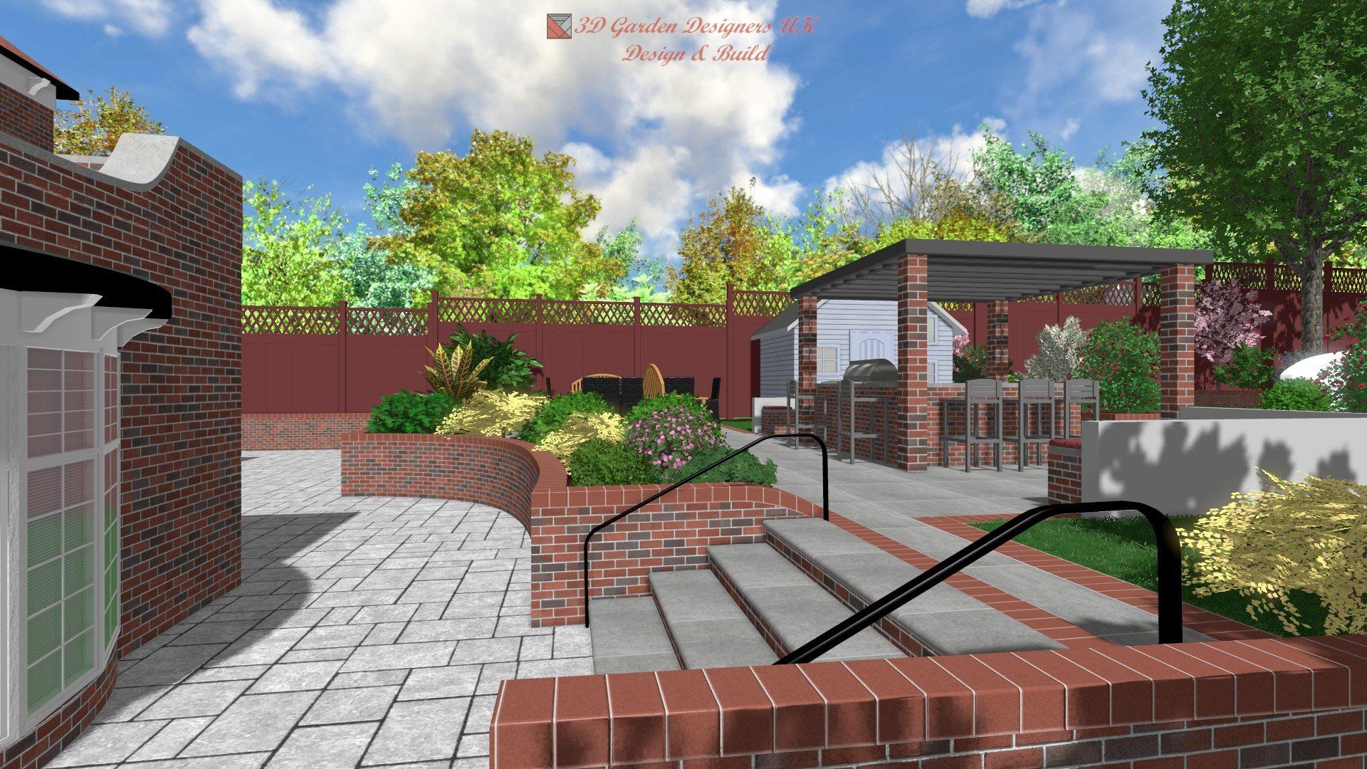 Brick patio with steps, handrail, and outdoor kitchen area in a landscaped garden on a sunny day.
