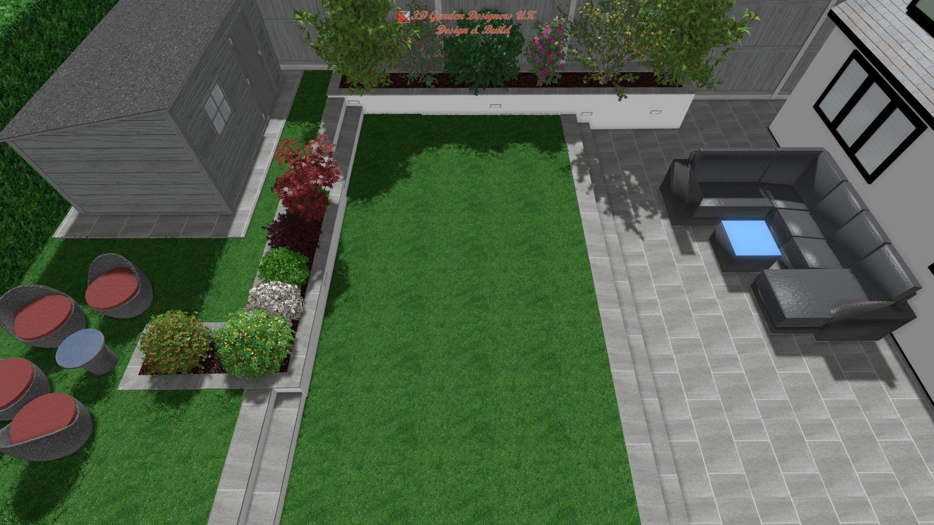 Overhead view of a modern backyard design with seating areas, a shed, and a lawn.