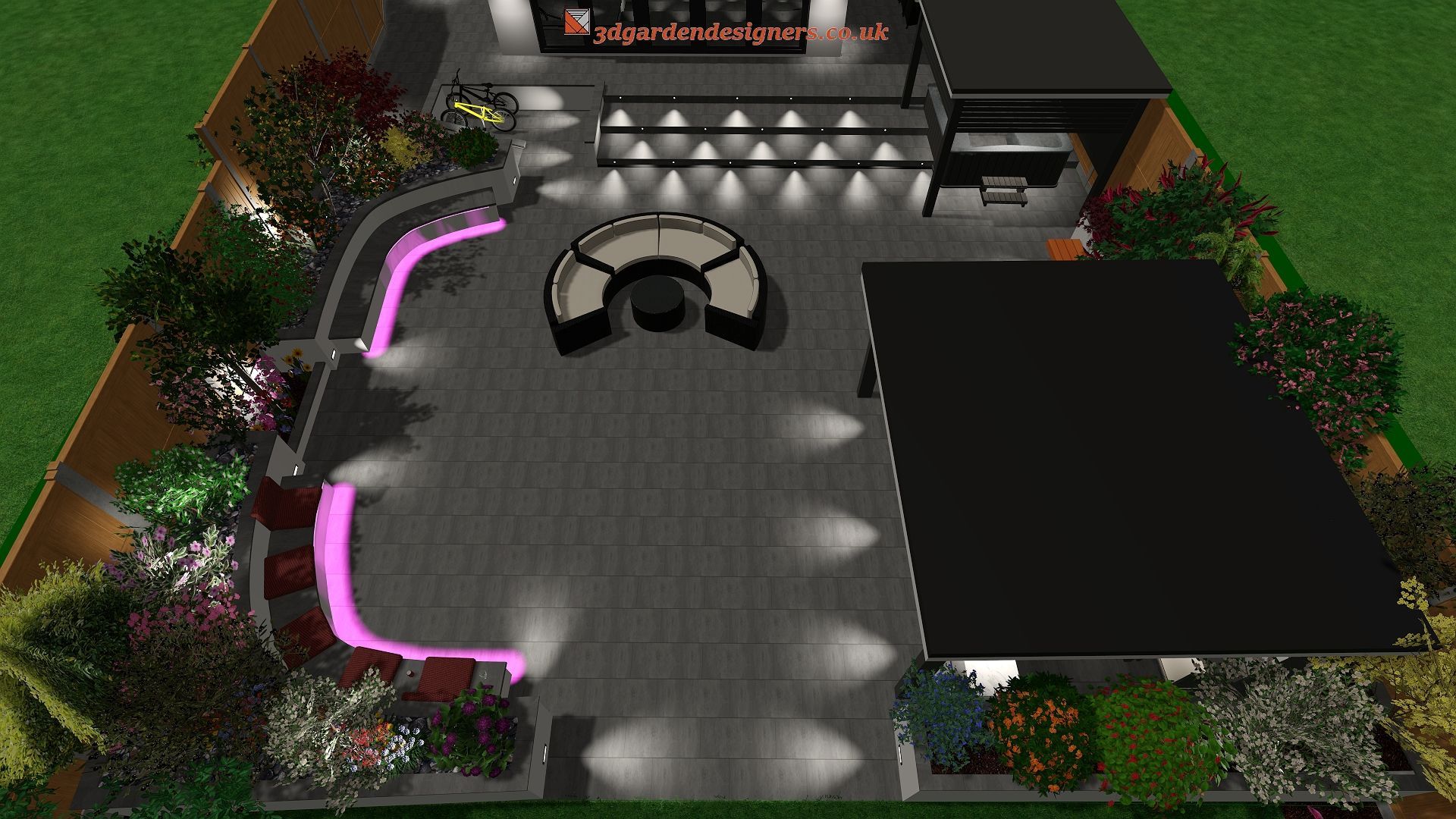 Aerial view of a modern backyard design with a seating area, fire pit, and landscape lighting, rendered in a 3D program.