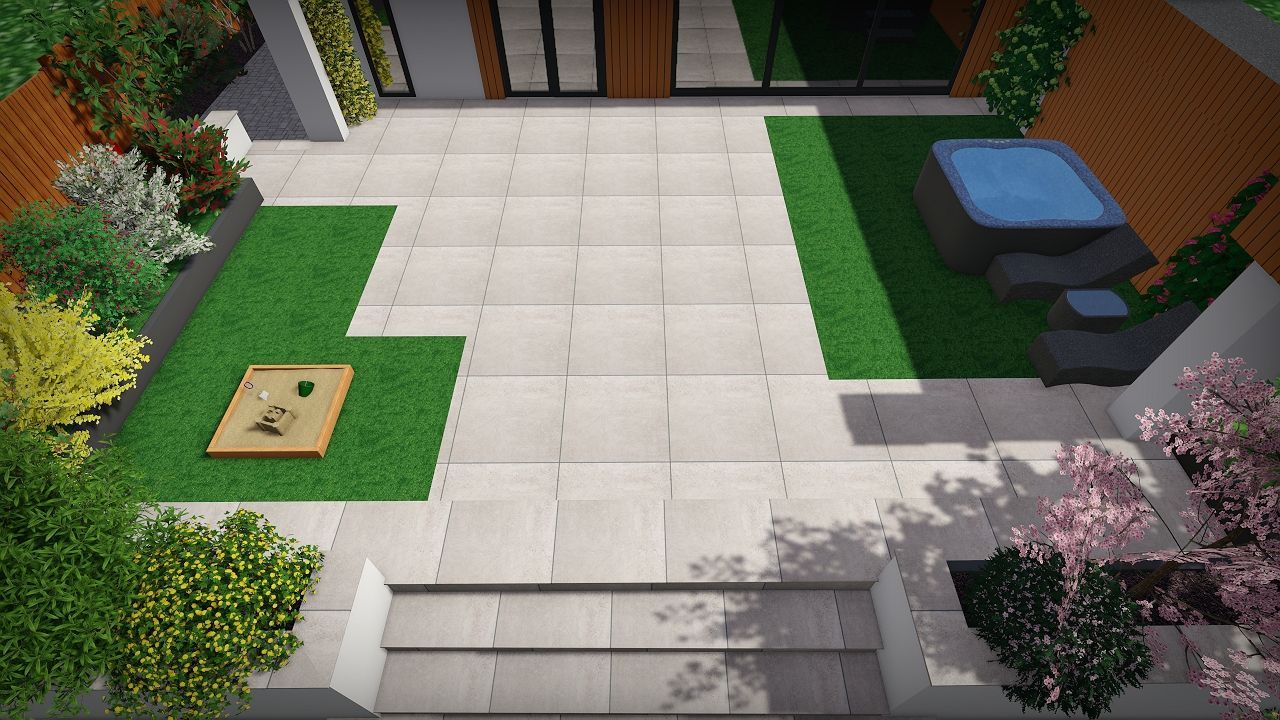 Overhead view of a modern patio with light-colored paving stones, a hot tub, and landscaping.