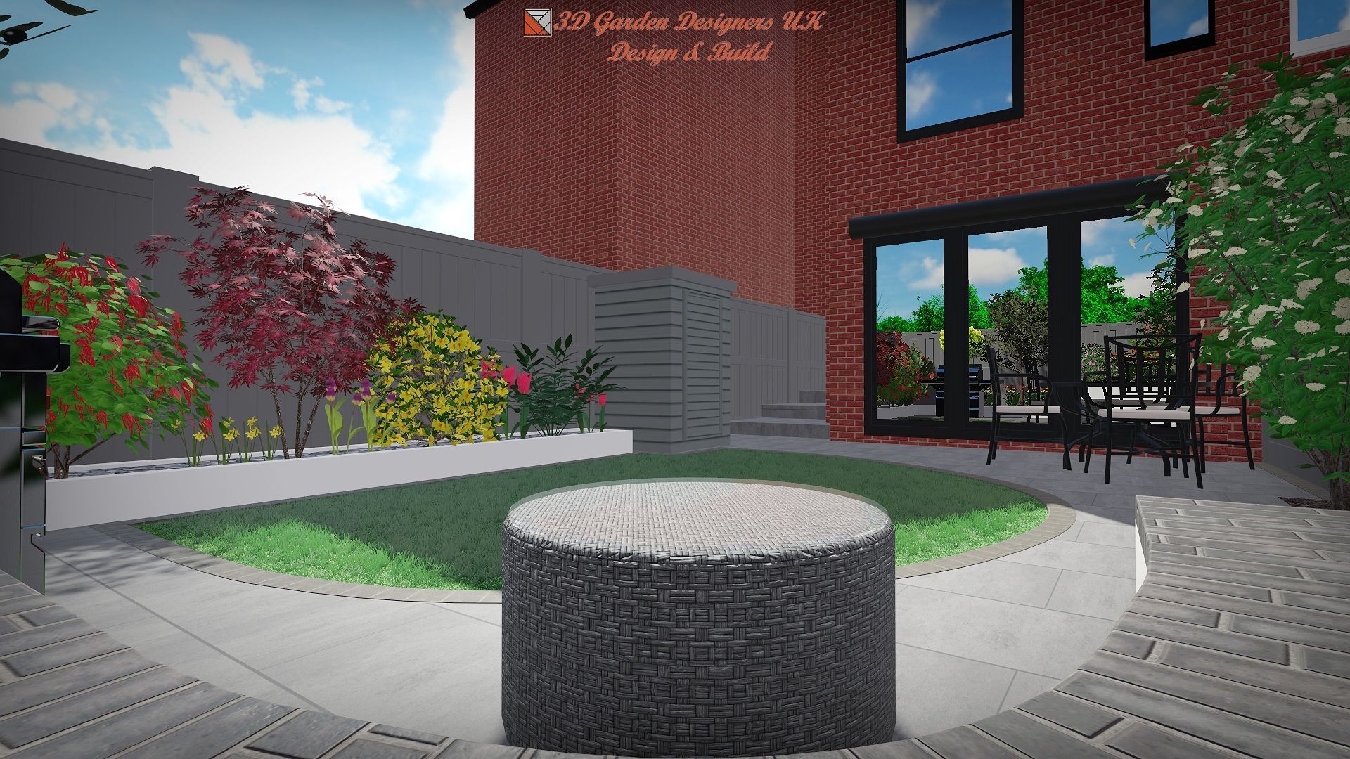 Backyard design rendering: stone seat, green lawn, red brick house, and planting beds.