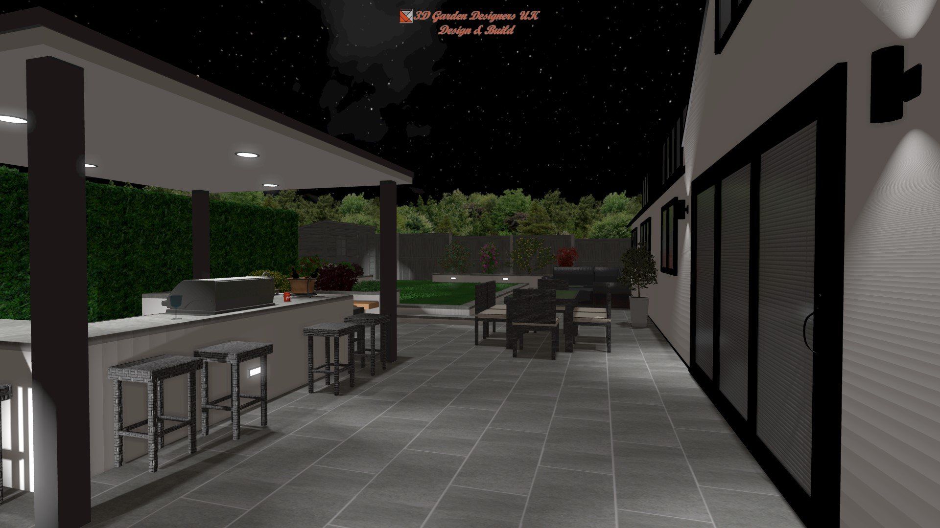 Nighttime outdoor patio with a built-in bar, seating, and a house.