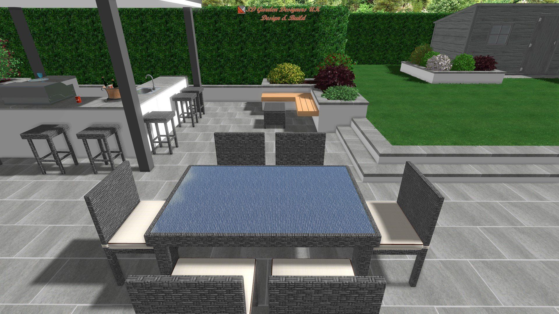 Outdoor patio with dining set, bar area, and raised garden beds, overlooking a lawn.