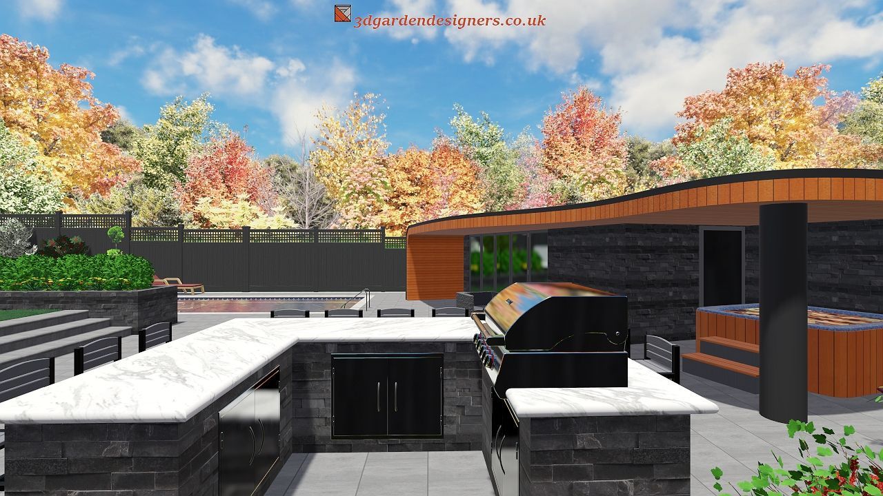 Outdoor kitchen with grill, counter, seating, and hot tub under a canopy, autumn trees in the background.
