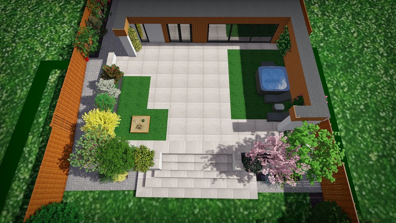 Overhead view of a modern backyard design with a patio, lawn, hot tub, and landscaping, surrounded by a wooden fence.