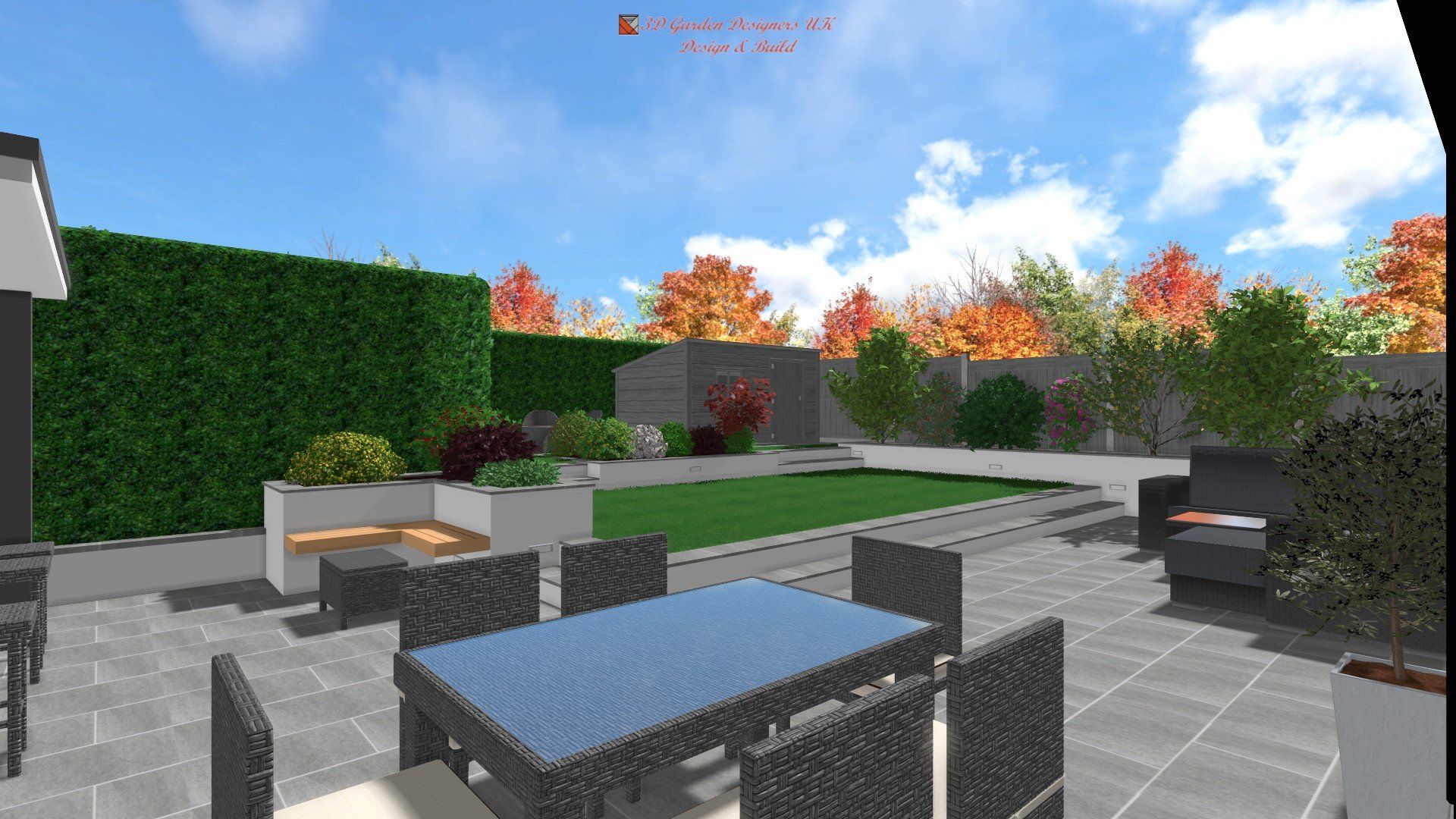 Modern backyard design with patio, dining set, green lawn, hedge, and autumn trees.