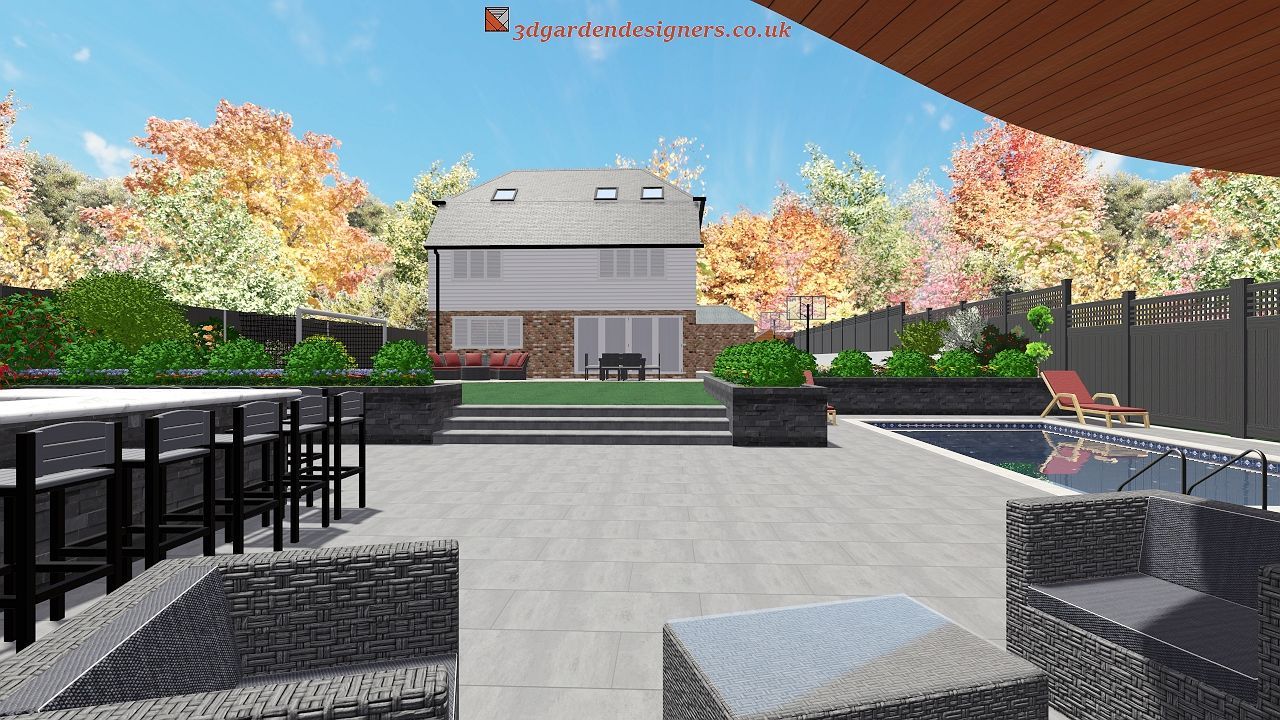 Backyard patio with a pool, bar, and seating area overlooking a two-story house.