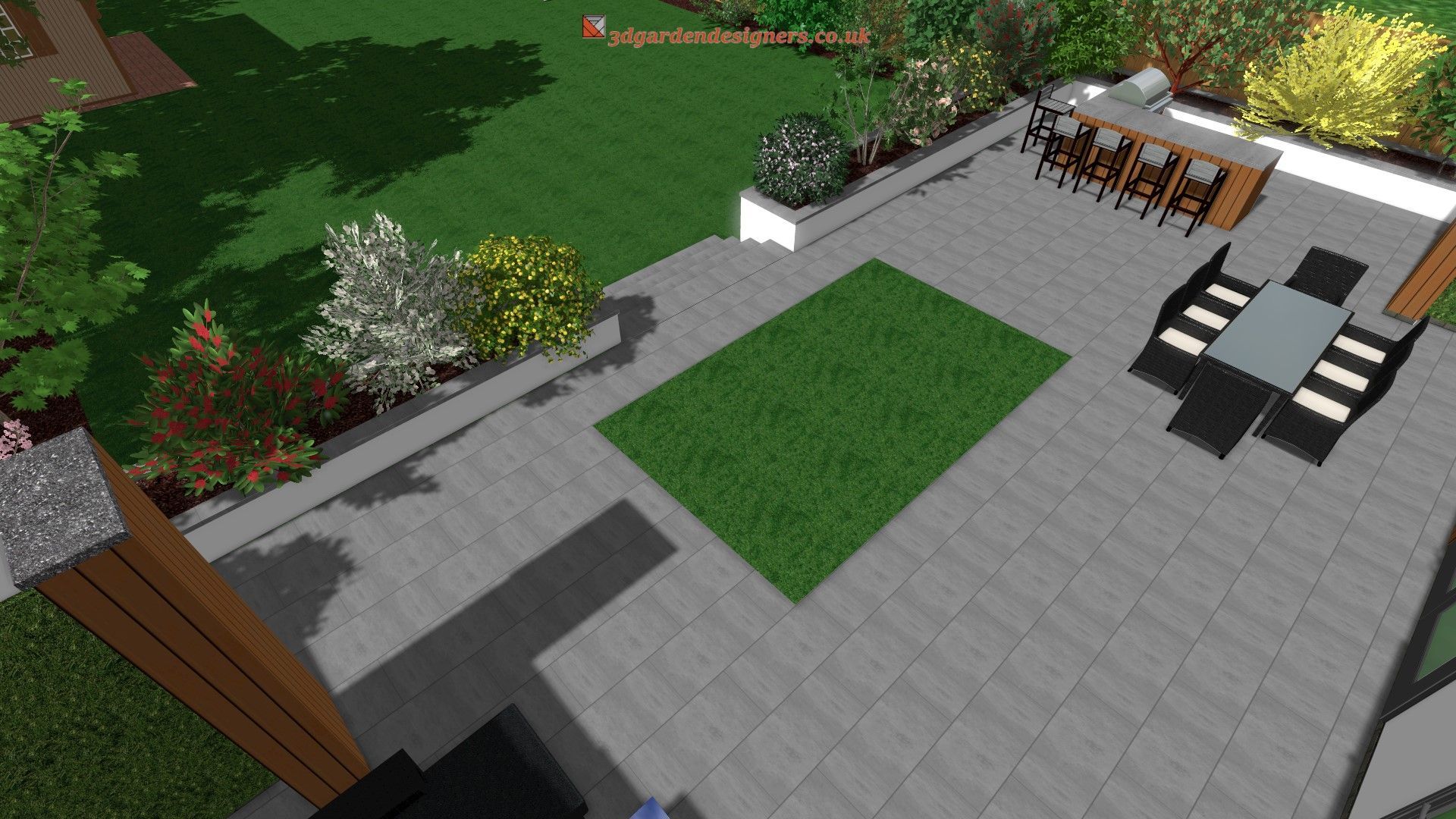 Overhead view of a modern backyard with a patio, lawn, and outdoor dining area.