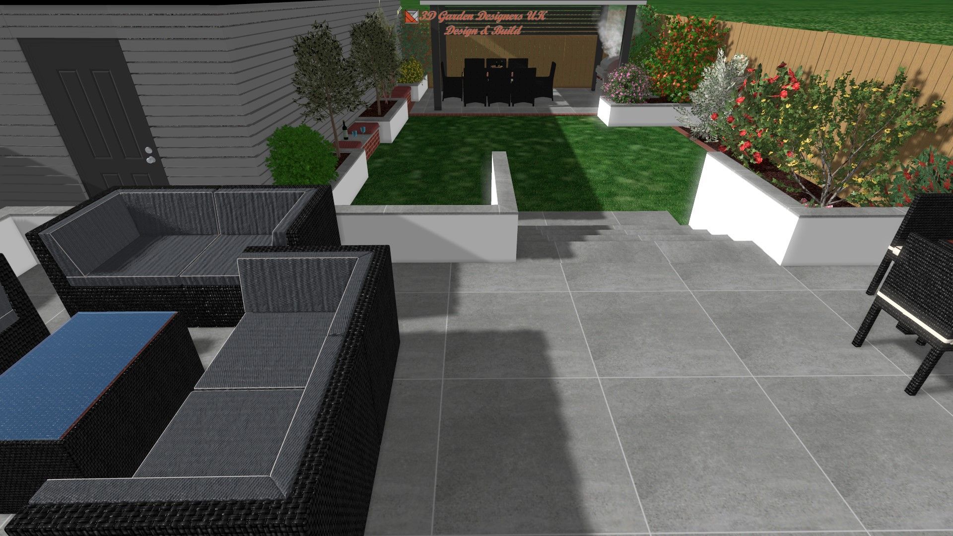 Modern backyard with patio, seating area, raised garden beds, and dining space.