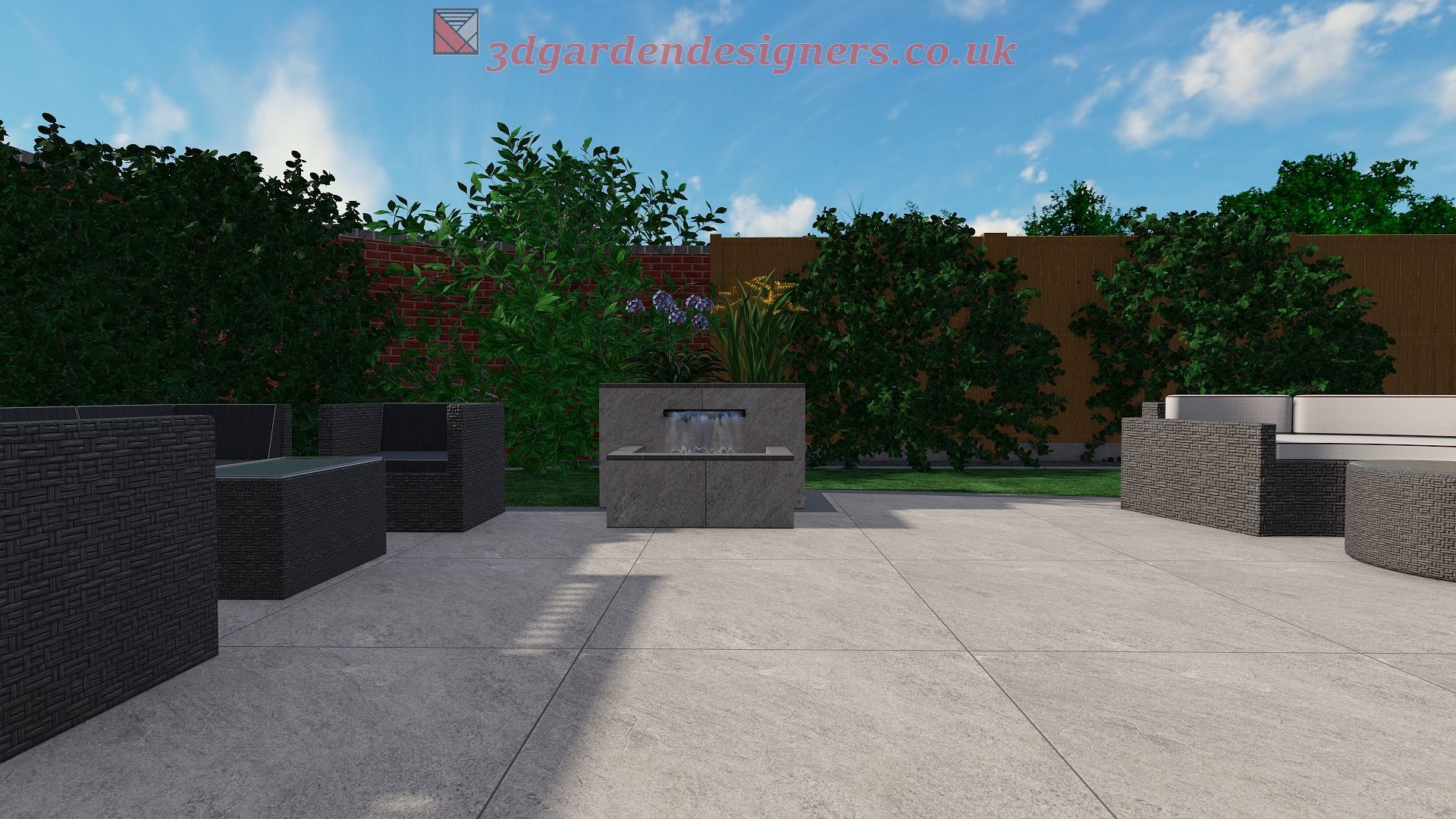 Patio with seating, a fountain, and trees under a blue sky.