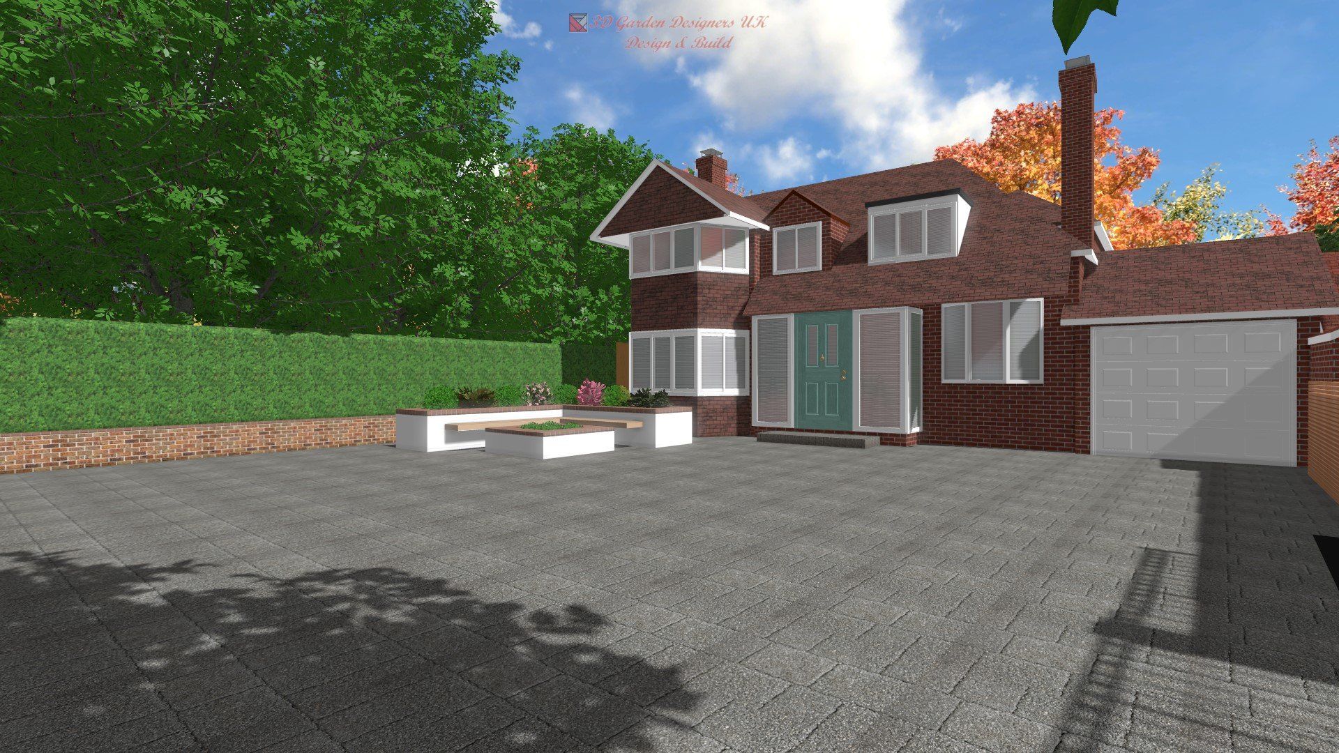 Brick house with a two-car garage, gray driveway, and a small white bench. Green bushes and trees surround the house.