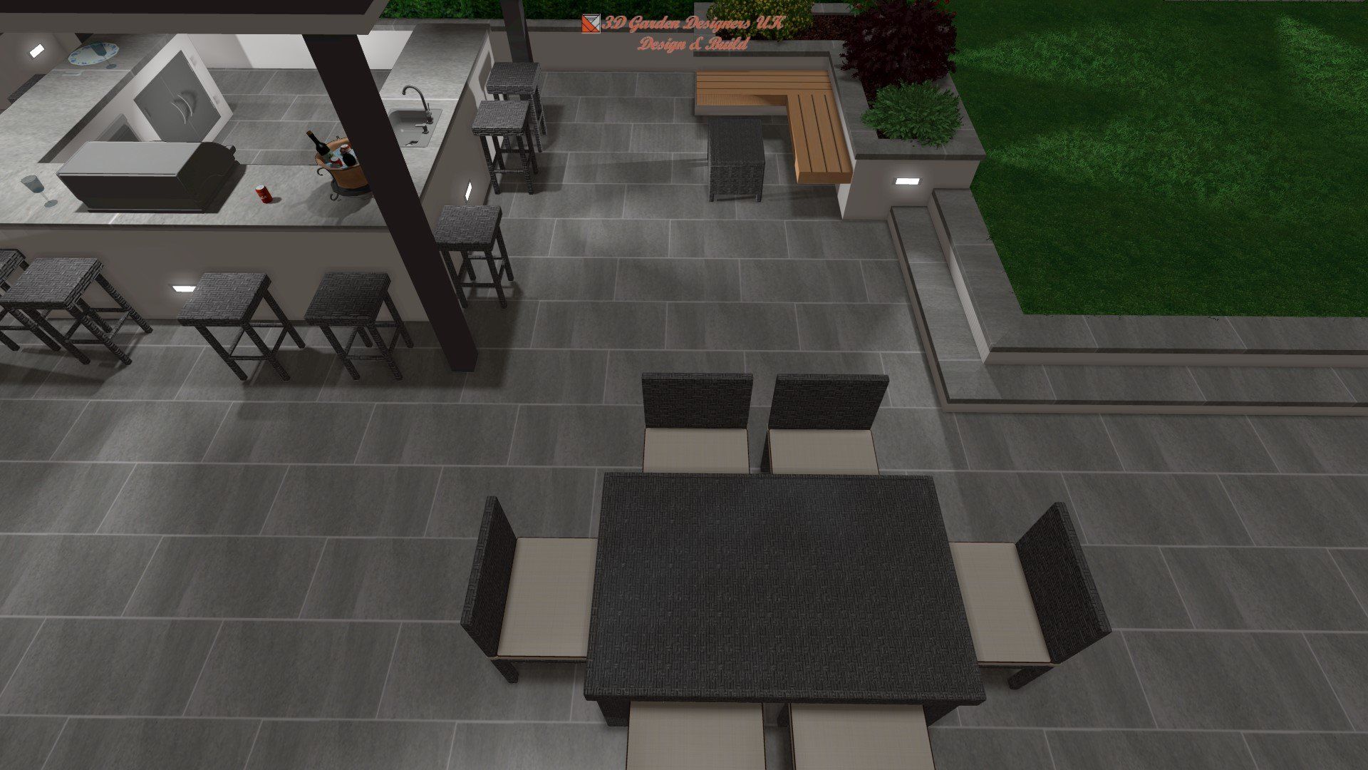 Outdoor patio with a dining table, chairs, and outdoor kitchen.
