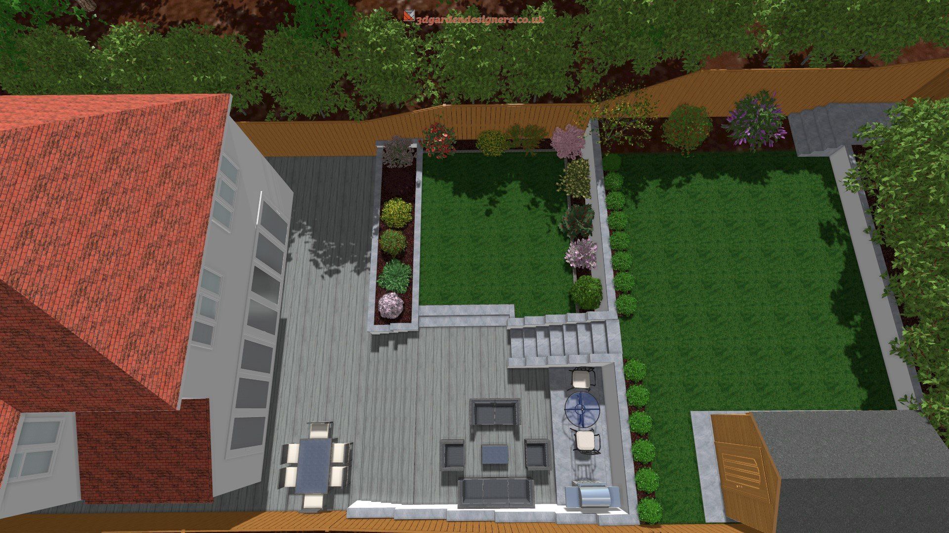Overhead view of a backyard design with a deck, patio furniture, garden beds, lawn, and surrounding trees.