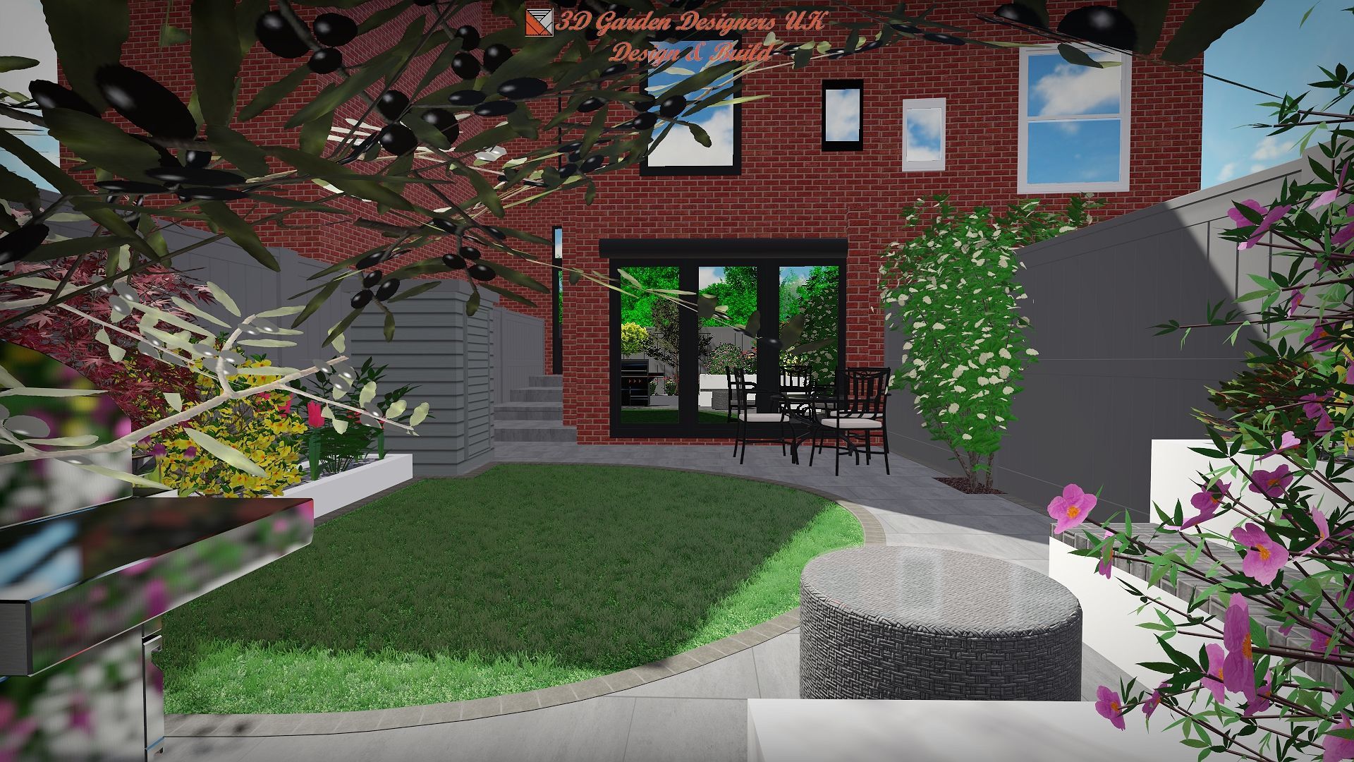 A brick-walled garden with a grassy area, patio table, and flowering plants.