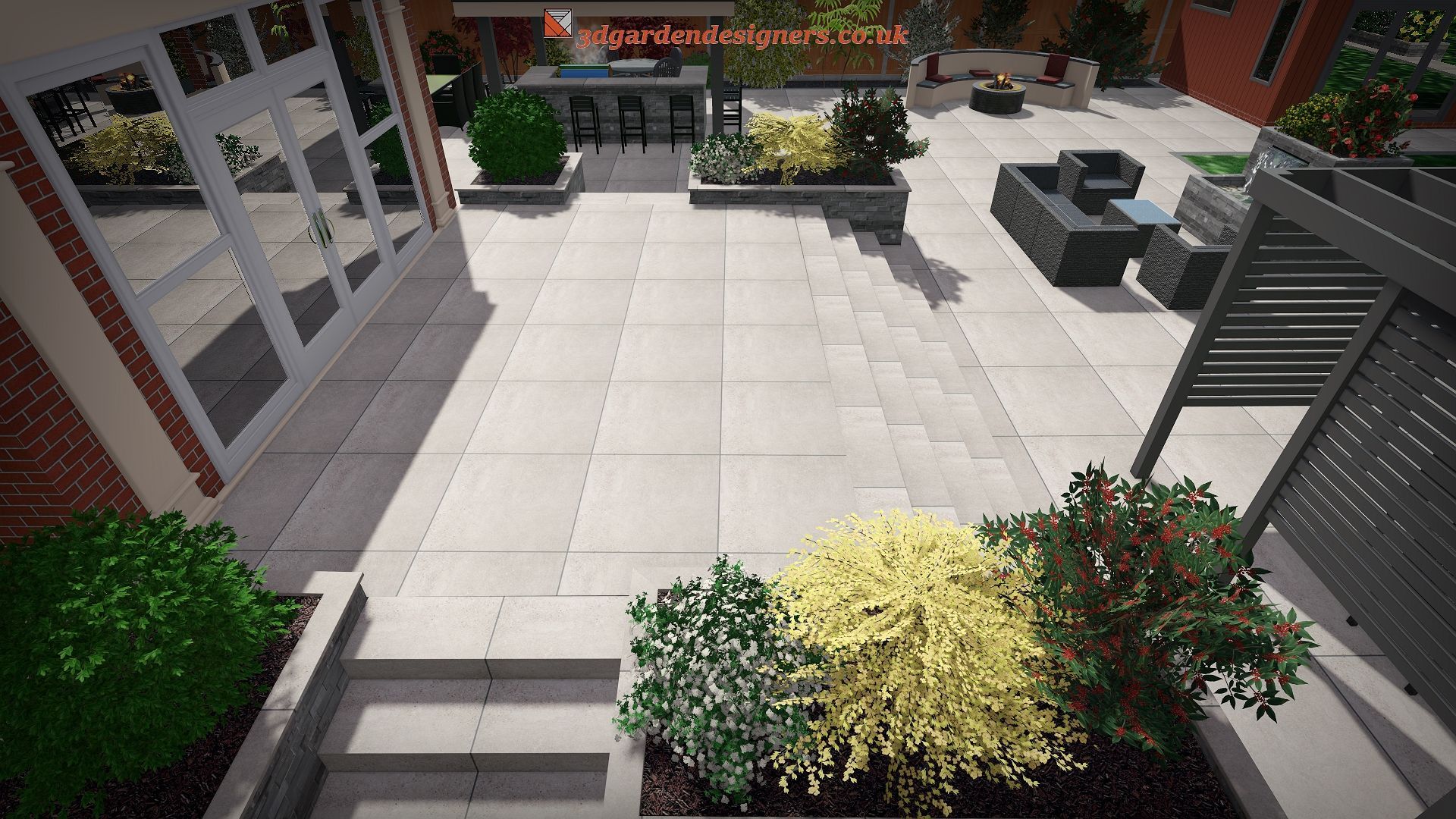 Patio with stone pavers, seating, and green and yellow shrubbery.