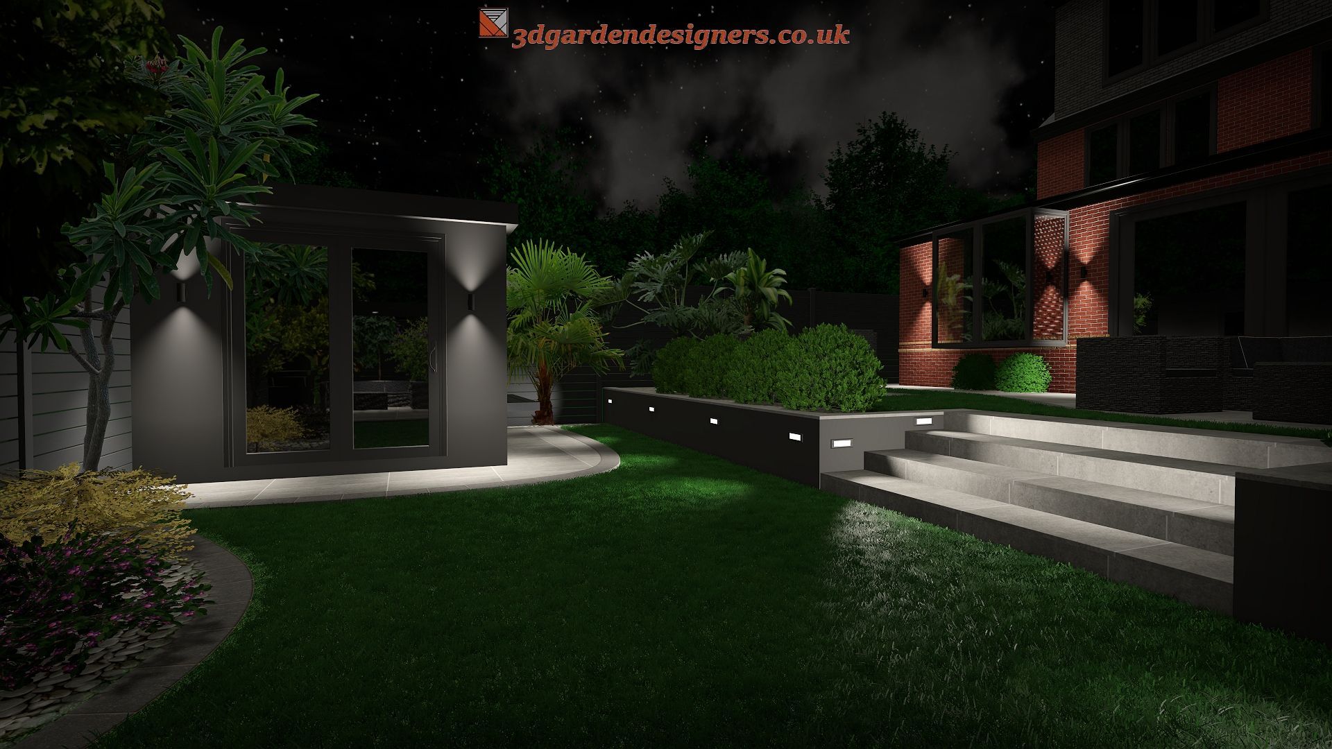 Nighttime backyard with illuminated landscaping, including a pergola, bushes, and a brick house.