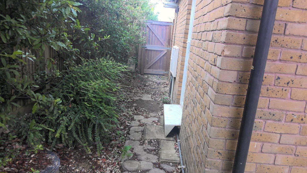Narrow pathway between a brick wall and foliage, leading to a wooden gate.