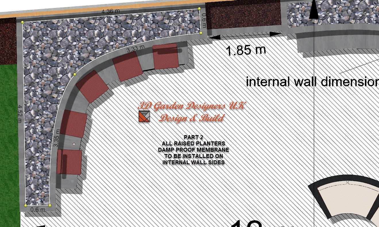 Top-down view of a garden design plan with curved brickwork, gravel, and text labels.