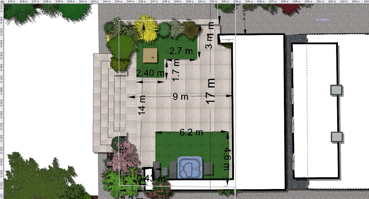 Top-down view of a garden layout with a patio, lawn, and surrounding greenery, with measurements labeled.