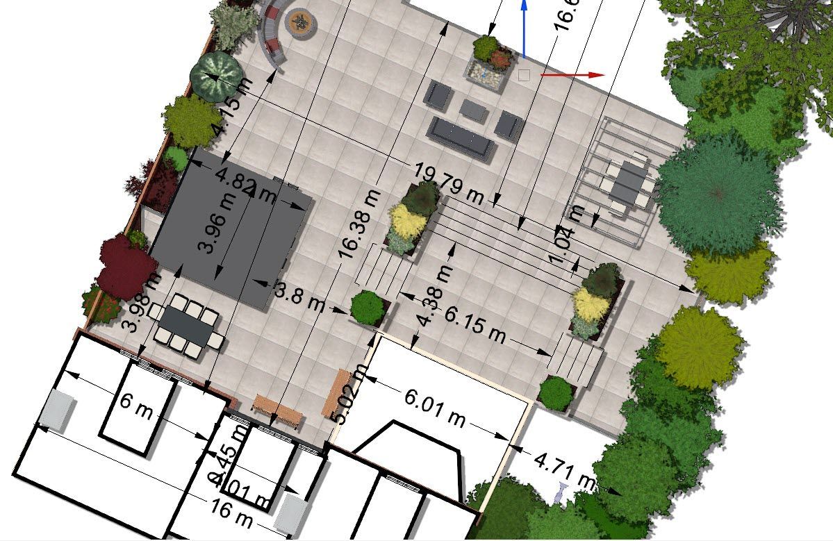 Top-down view of a patio design with paving, furniture, and landscaping, featuring dimensions and layout details.
