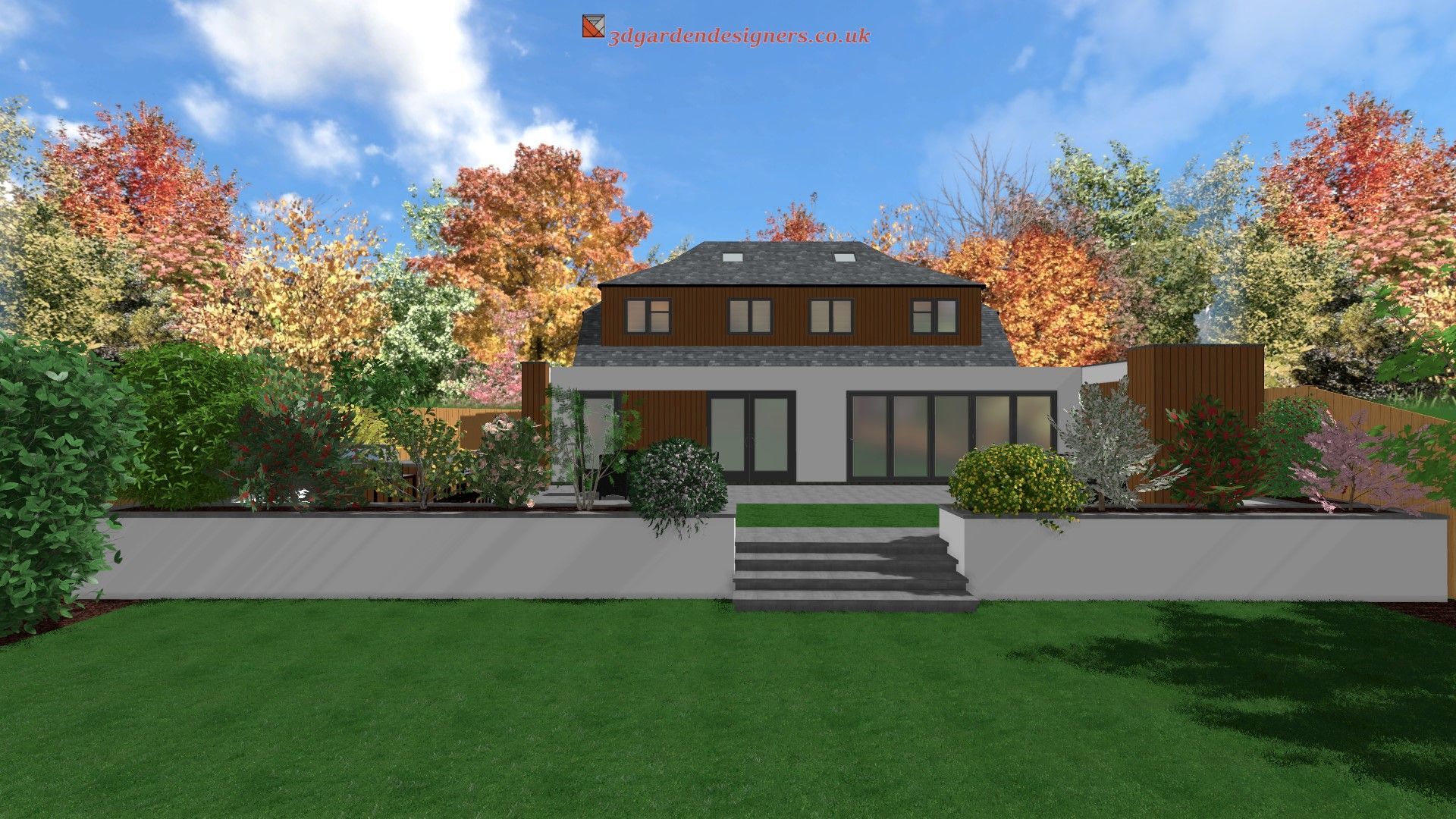 Backyard rendering of a modern house with a green lawn, steps, and autumnal trees.