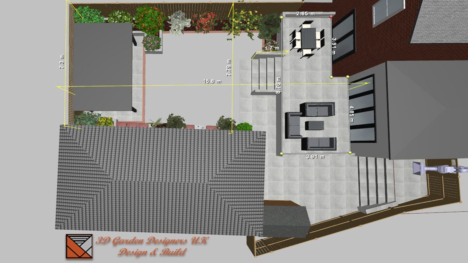 Top-down view of a modern garden design with patio, seating areas, and landscaping.