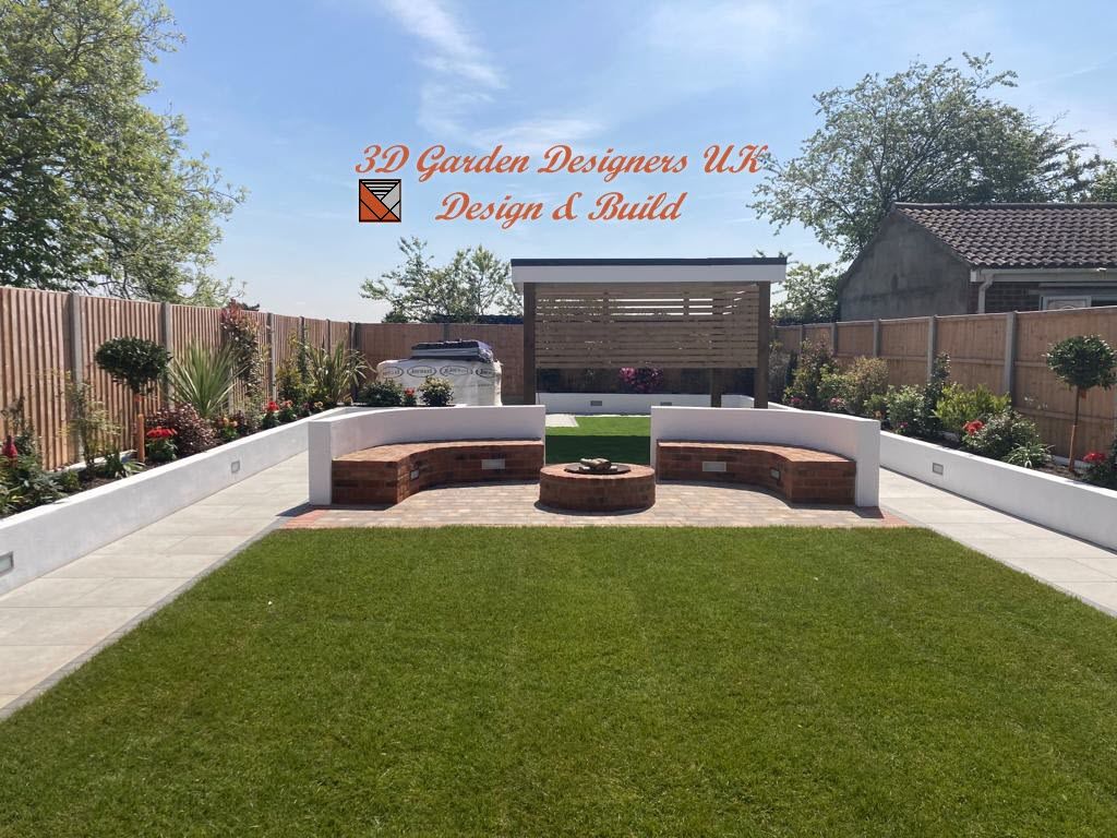 A modern garden with a curved seating area around a fire pit, and a shed-like structure in the background.