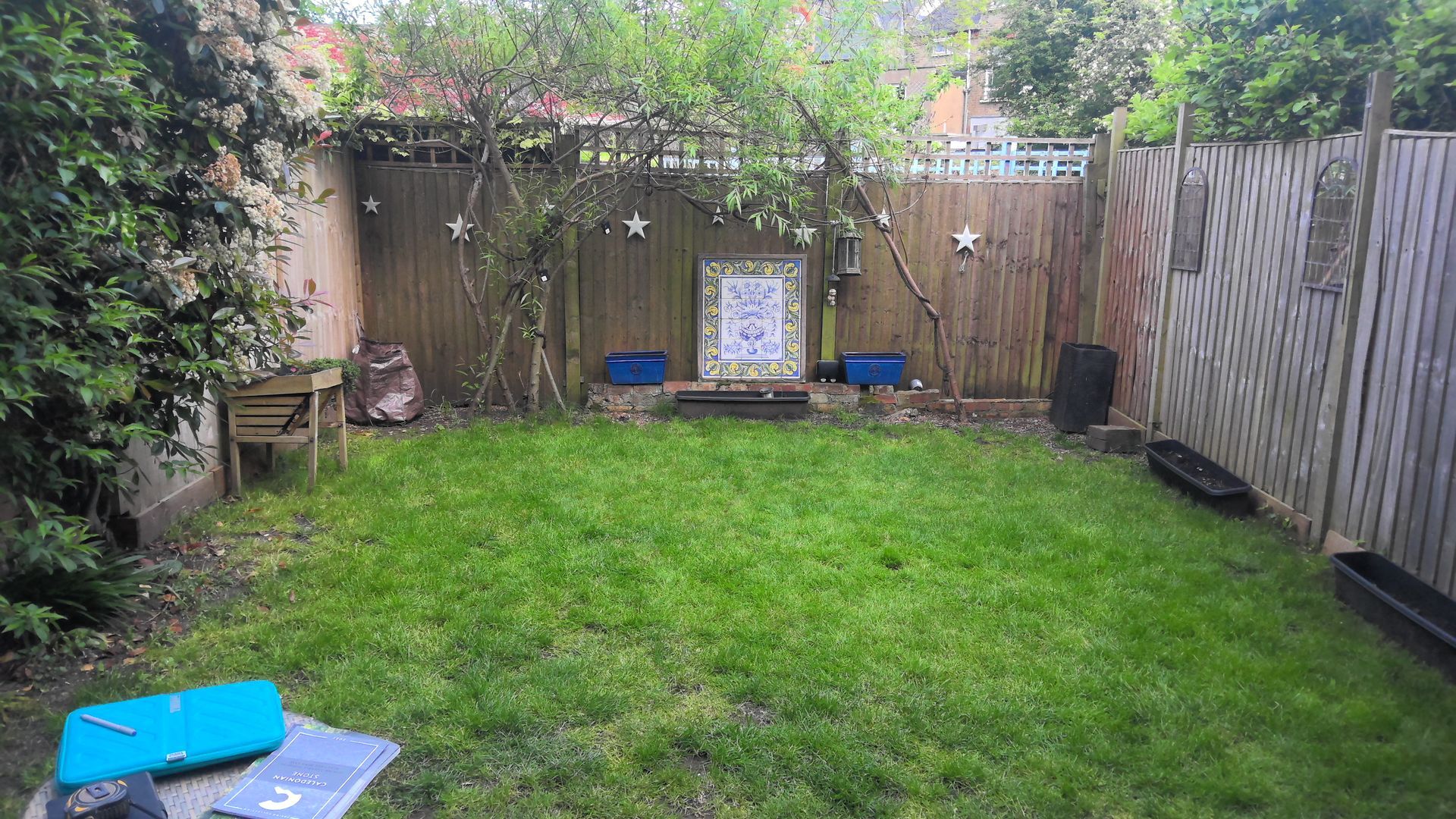 A small, lush green backyard with a wooden fence. A framed picture is on display.