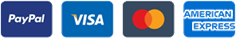 Logos for PayPal, Visa, Mastercard, and American Express payment methods.