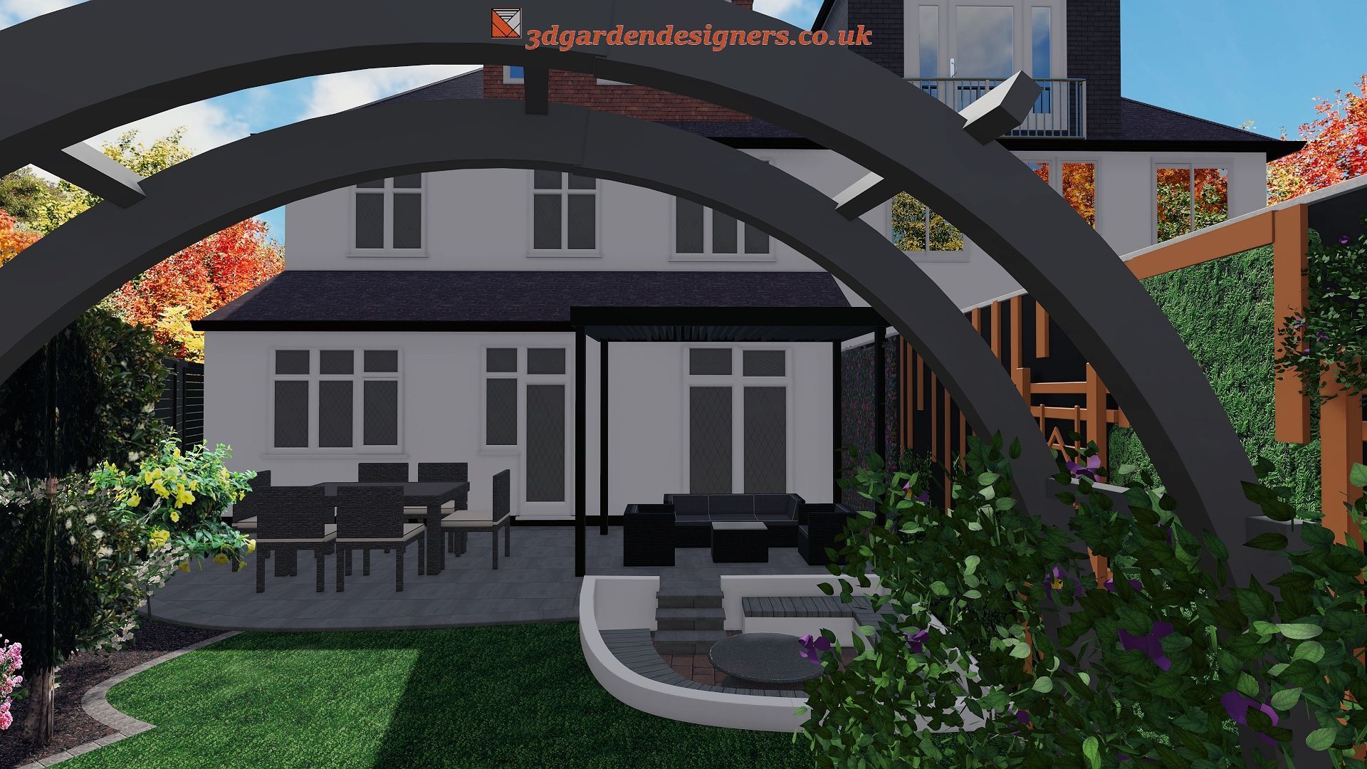 Backyard patio design with archway, seating, and a house in the background. Lush greenery surrounds the space.