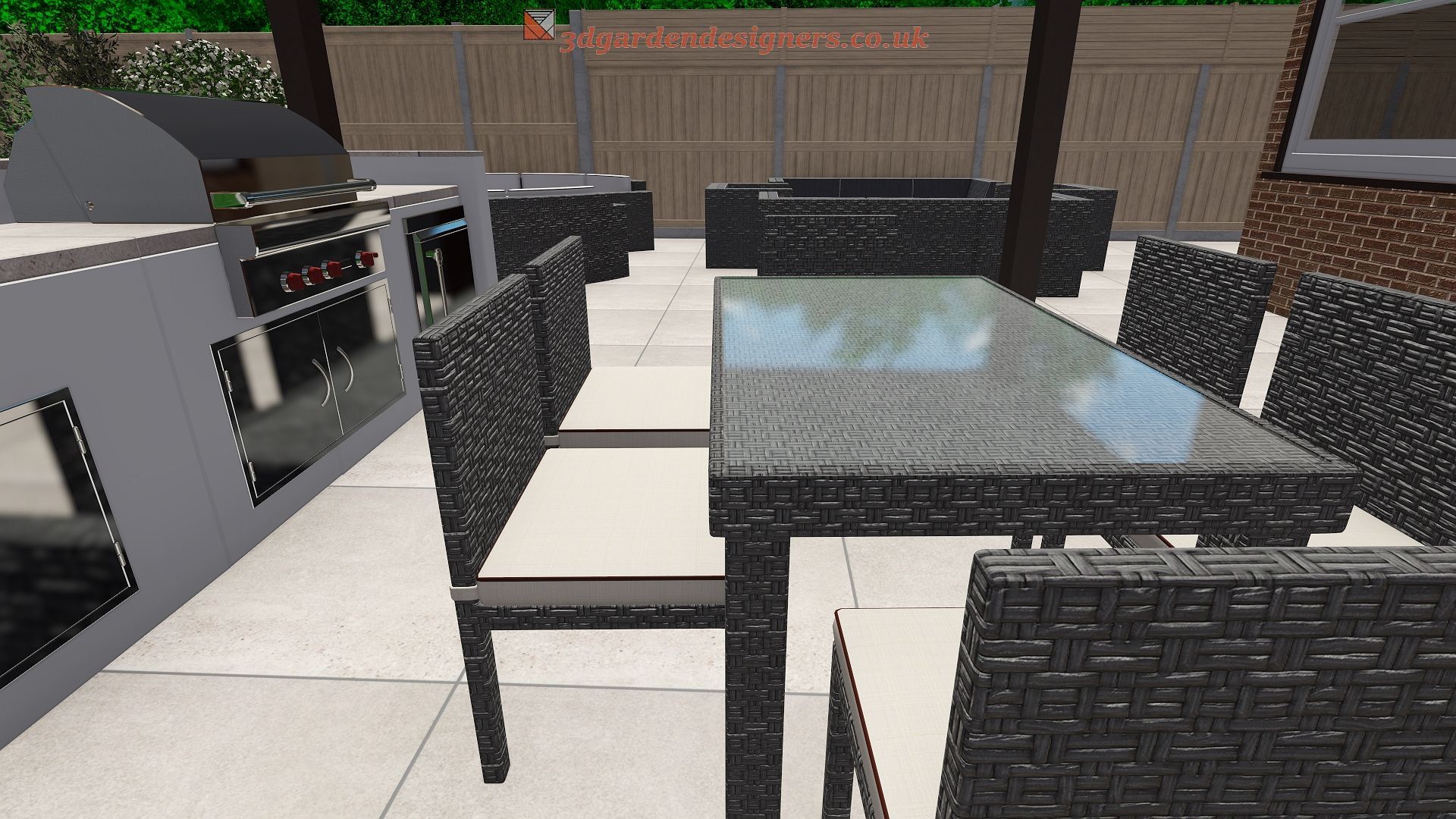 Outdoor patio with grill, dining table, and seating.