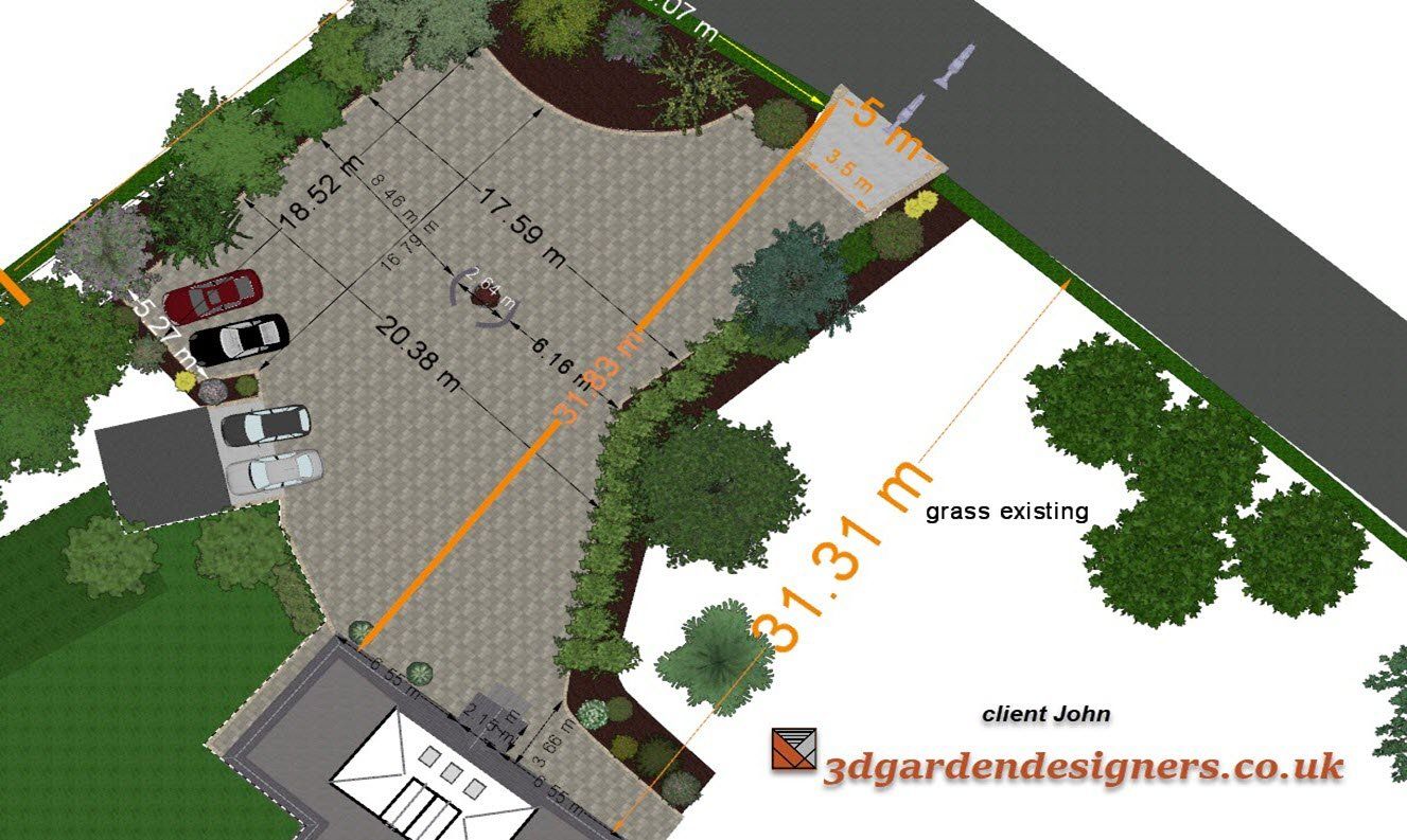 A landscape design plan with a paved driveway, parking area, trees, cars, and a building labeled 