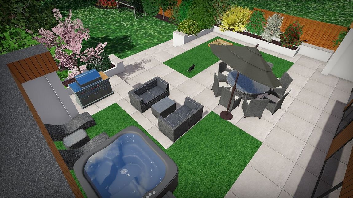 Patio with outdoor furniture, hot tub, grill, and umbrella on a grassy, paved area.