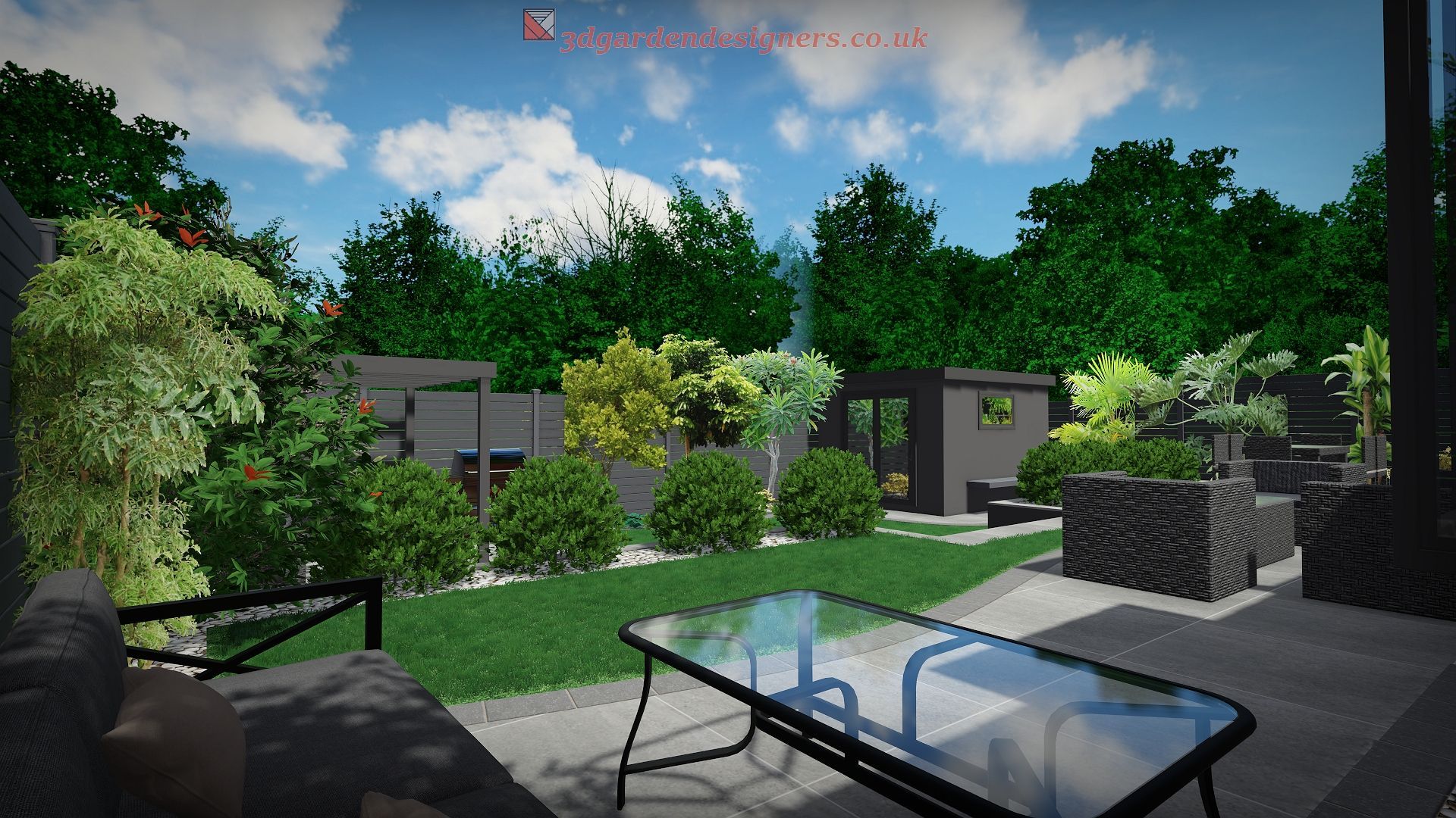 Backyard patio scene with green lawn, glass table, and lush greenery under a blue sky.