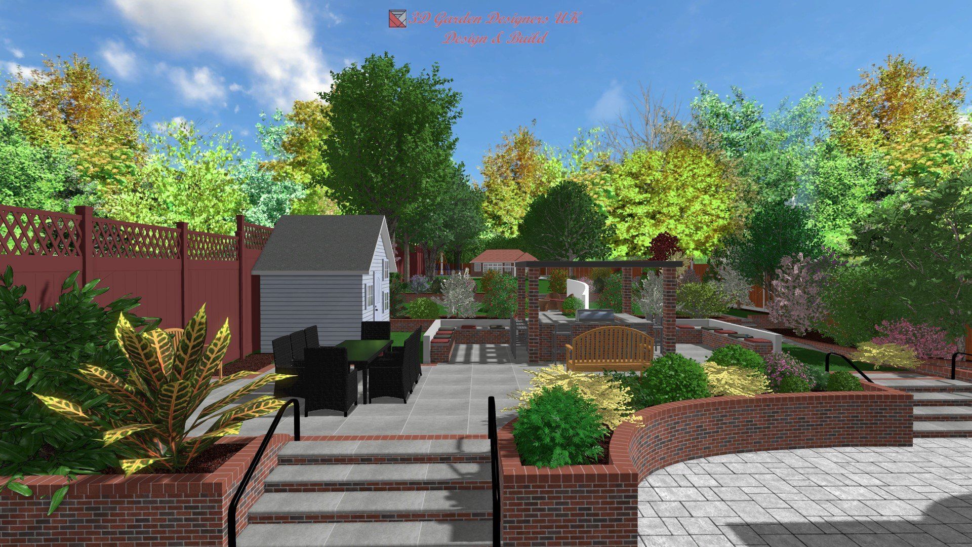 A 3D rendering of a backyard patio with a shed, seating area, tiered landscaping, and mature trees against a blue sky.