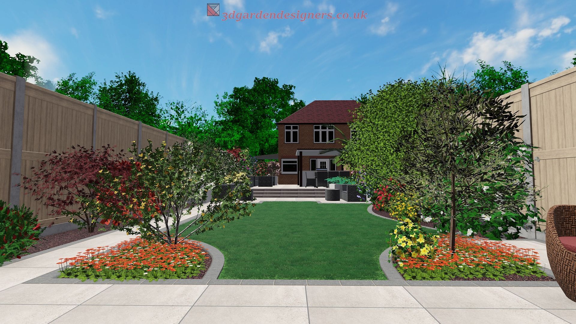 Backyard with lawn, flower beds, and trees, leading to a house, flanked by wooden fences.