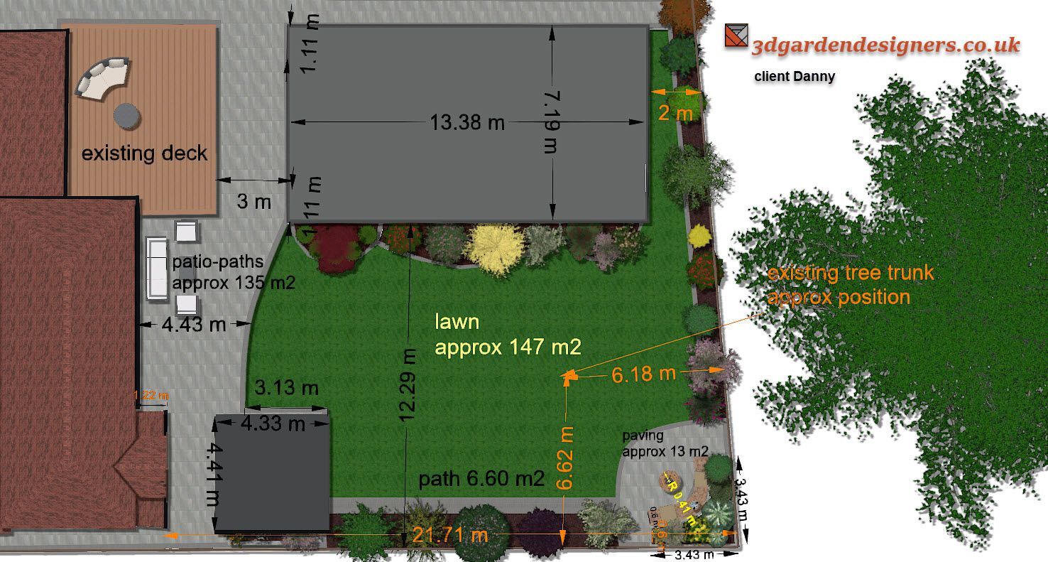 Top-down garden design plan with lawn, deck, patio, shed, and planting beds.